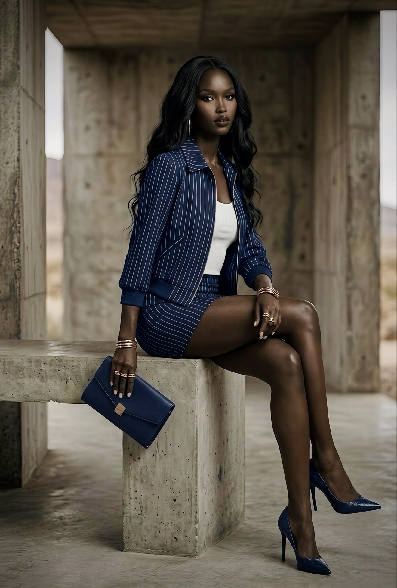 Tailored Skirt Set — Navy Blue